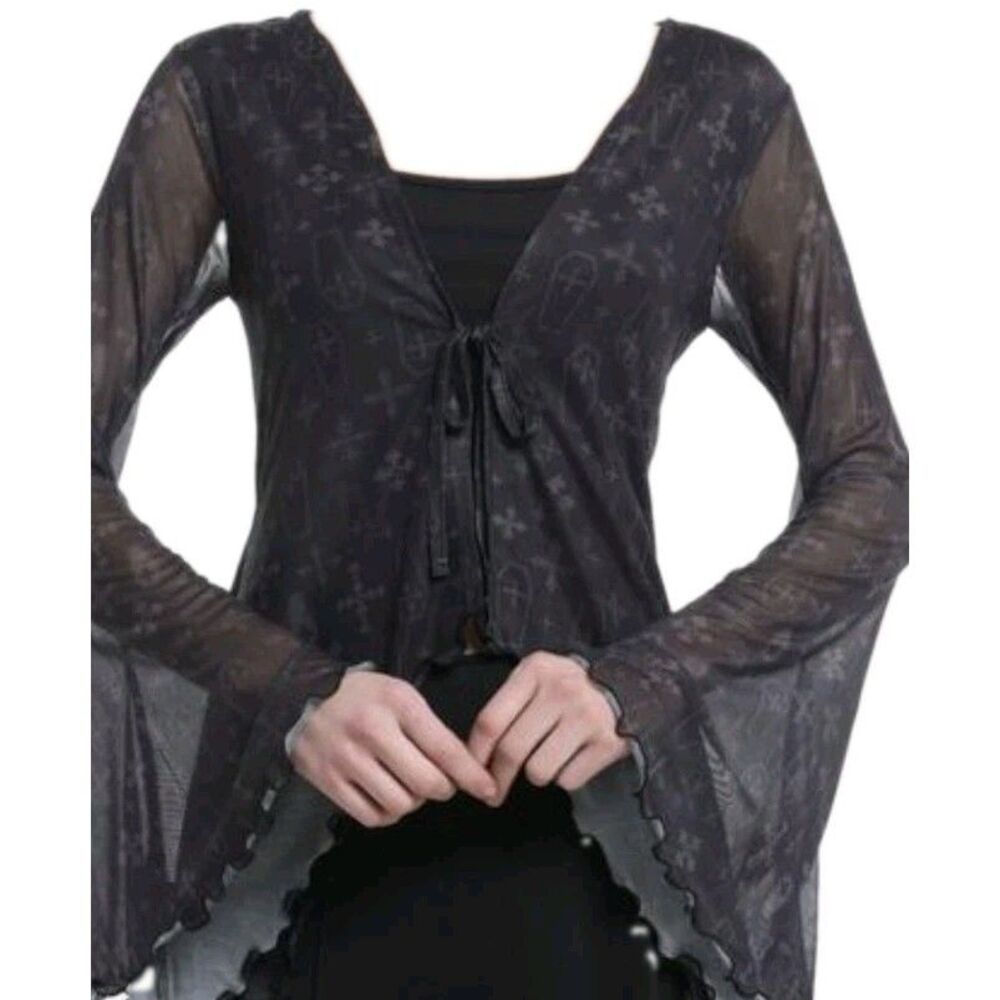 NWT Hot Topic Cosmic Aura Mesh Bell Sleeve Tie Front Goth Cardigan Top L Black